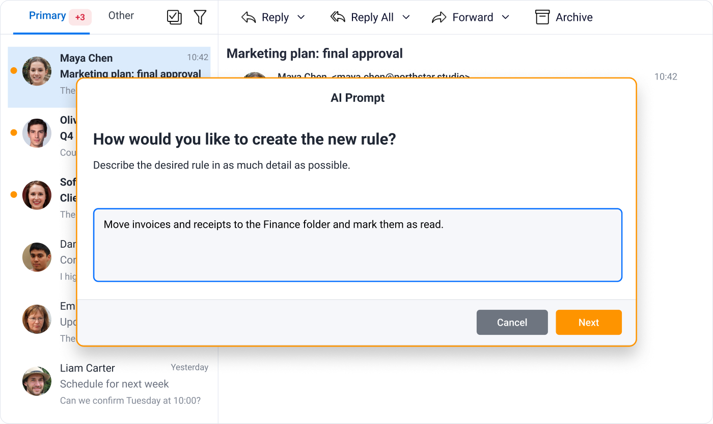 eM Client: Vytváření pravidel pomocí AI